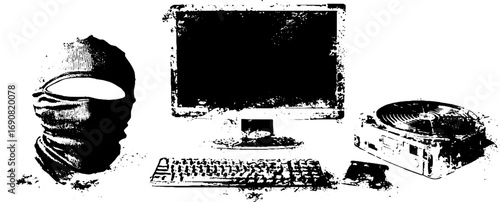 Grunge black and white hacker concept with computer and vinyl elements