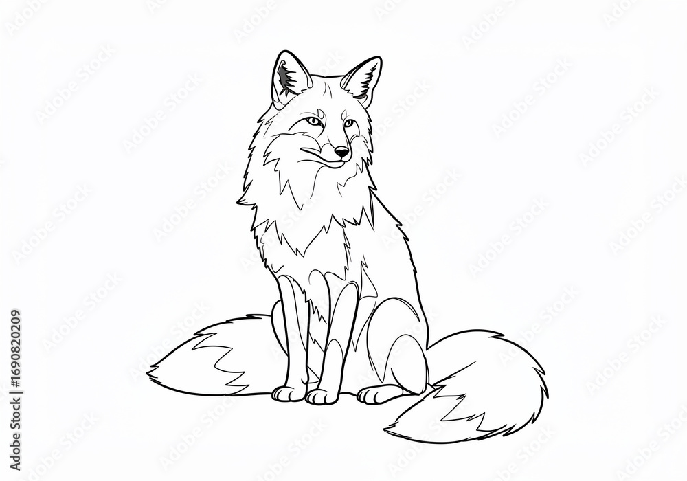 Fototapeta premium A detailed line art illustration of a fox sitting upright, looking towards the left with a fluffy tail.