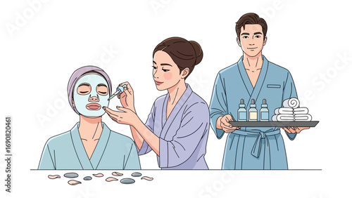 Skilled aesthetician applying a soothing facial mask to a relaxed client while a male attendant brings a tray of spa products and towels