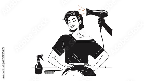 Stylish woman with tousled hair being dried by a hair dryer in a salon setting with styling tools