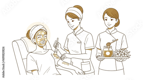 Two professional beauticians giving a relaxing facial treatment to a happy client in a spa setting with beauty products