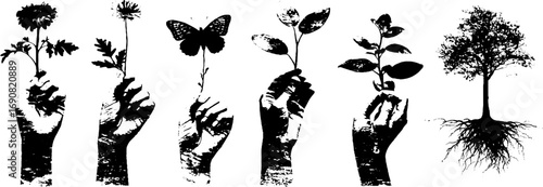Grunge black and white hand and nature silhouette set with flowers, leaves, and tree
