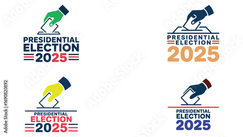 Vector illustration of presidential election 2025 logos with ballot box and voting hand icons