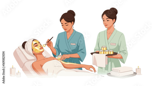 Two female spa therapists apply a golden facial mask to a relaxed woman lying on a massage table in a serene beauty salon