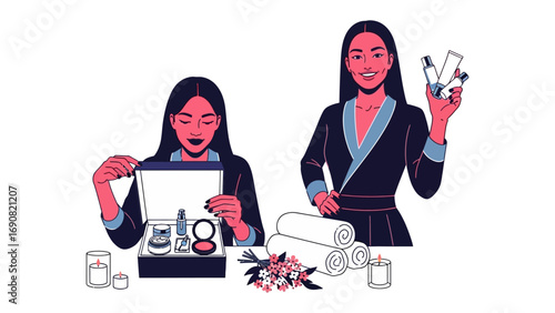 Two young asian women in business attire showcasing beauty products and luxury items with a sense of achievement and success