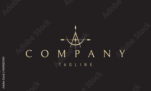 A vector golden logo featuring an abstract image an alchemical instrument, symbolizing mystery, knowledge, transformation, and ancient science.