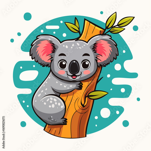 Cute cartoon koala bear clinging to a tree branch. Adorable Australian wildlife animal character vector illustration for kids