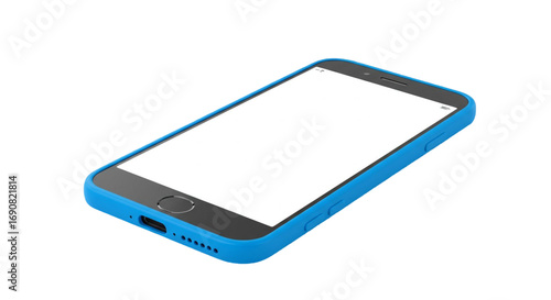 Realistic 3D render of a modern smartphone with a blank white screen and a vibrant blue case, perfect for app mockups and technology designs. Isolated on a transparent background.