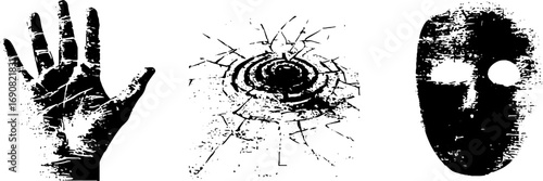 Grunge handprint, cracked surface, and mask silhouette for artistic design projects