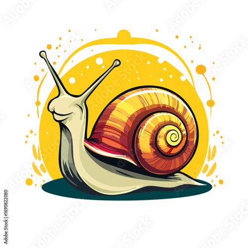 Vibrant cartoon illustration of a snail with a swirling shell and antennae, set against a yellow sunburst background