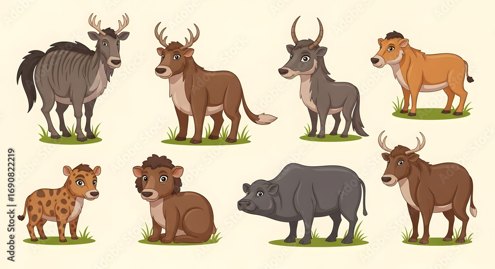 Obraz premium Set of Cartoon Deer and Ox Characters