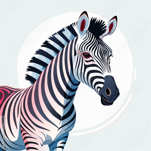 Elegant digital illustration of a stylized zebra portrait with a modern artistic design and subtle pink and blue coloring