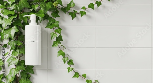 White Bottle Dispenser with Lush Green Ivy on White Tile Wall Background Modern Bathroom Interior Design