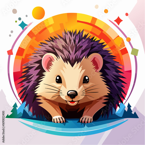 A charming and cute hedgehog character with vibrant purple spines, a friendly animal illustration on a colorful abstract background
