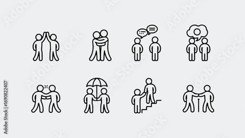 Sympathy and friendship icon set. Thin line editable stroke icons for connection, emotional support, teamwork, communication, relationships, trust, and social interaction.