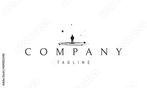 A vector logo featuring an abstract image a human figure standing on a cosmic horizon with stars, symbolizing exploration and vision.