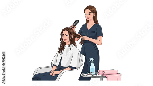 Young woman happily getting her long brown hair styled and blow dried by a professional hairdresser in a salon chair