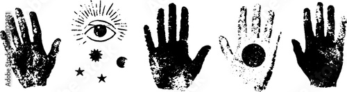 Grunge black and white hand illustration set with mystical symbols for artistic design