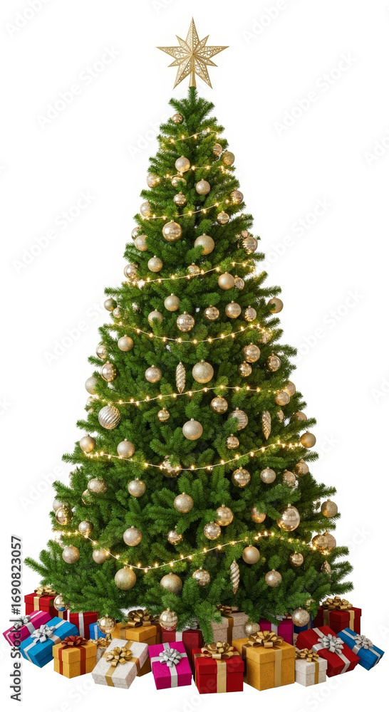 Fototapeta premium Stunning festive Christmas tree adorned with golden ornaments and warm lights, surrounded by colorful gift boxes.