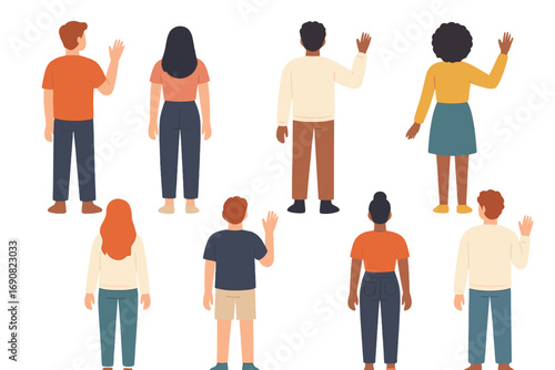 Diverse group of multicultural people characters viewed from behind with some waving a friendly greeting gesture