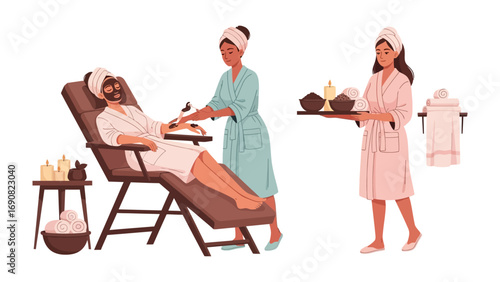Two women in a spa setting one receiving a facial treatment while the other holds a tray of spa products promoting relaxation and beauty treatments