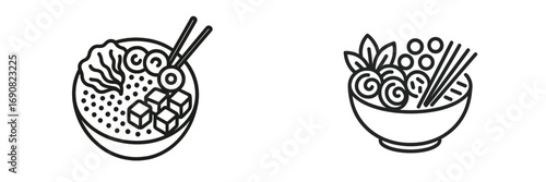 Set of Asian food bowl line icons with poke bowl, ramen soup, noodles, and tofu for restaurant menu or logo design