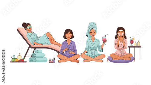 Four diverse women enjoying a relaxing spa day at home with face masks robes and refreshing drinks promoting self care and wellness
