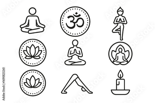 Yoga and meditation line icon set with lotus flower, om symbol, and various poses like lotus and downward dog for spiritual wellness and relaxation