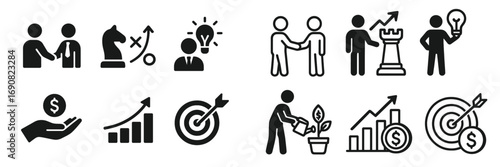 Set of business icons for strategy, finance, and growth including handshake, target, chess piece, and lightbulb