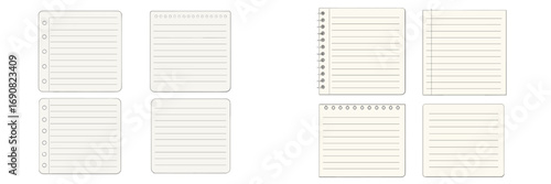 Collection of blank lined notebook paper sheets, spiral notepad pages, and memo templates for school or office stationery