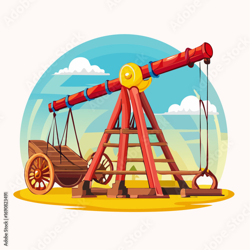 A vibrant cartoon illustration of a powerful medieval wooden catapult ready for a historical siege