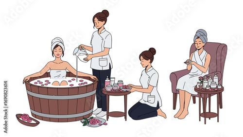 Women enjoying a relaxing spa day with therapeutic treatments including a herbal bath massage and beauty services for ultimate rejuvenation and wellness