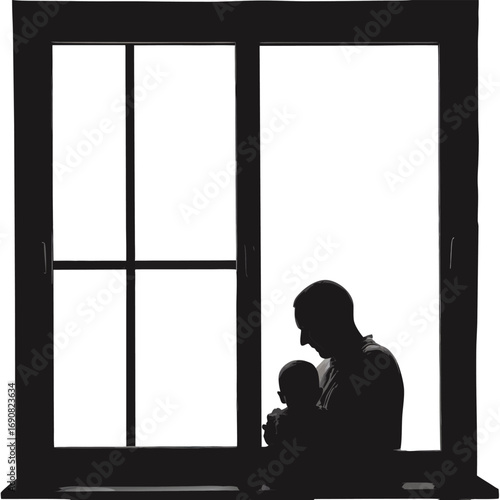 Father Holds Baby in Window Silhouette
