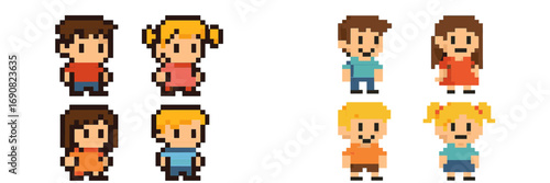 Set of pixel art characters for retro video games, collection of boys and girls in 8-bit style isolated on white background