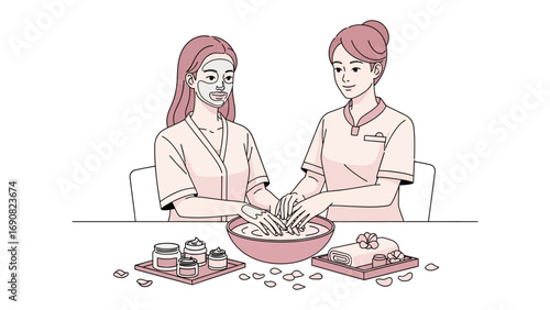 Two women in a spa setting are preparing ingredients for a facial treatment with products and bowls on a table