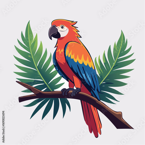Vibrant red and blue macaw parrot perched on a wooden branch with tropical palm leaves in the background