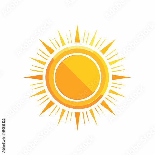 Vector illustration of a modern flat sun icon. A stylized golden solar emblem with sharp radiating rays isolated on a white background for design