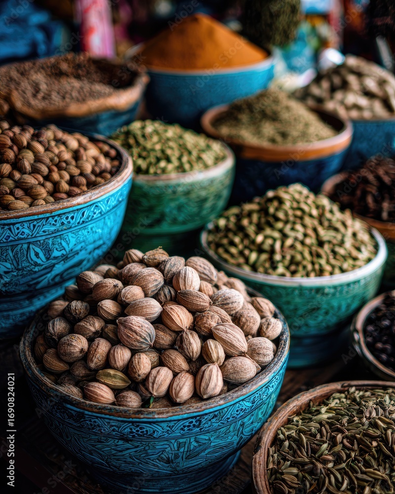 Fototapeta premium Colorful Display Of Dried Spices In Blue Bowls