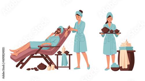 Relaxing spa scene with a woman receiving a facial treatment while another attendant offers refreshments and towels