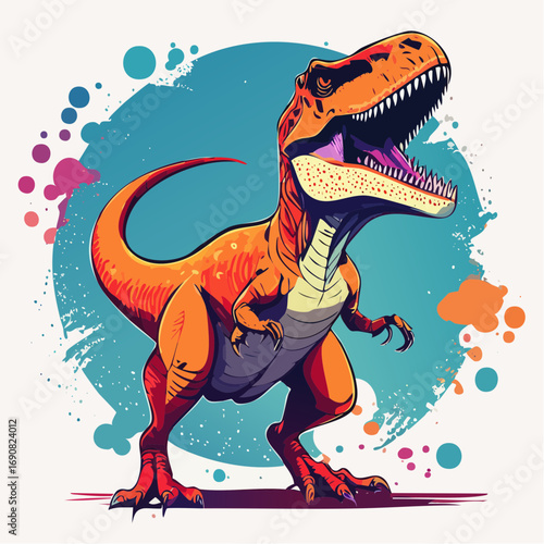 Dynamic orange Tyrannosaurus Rex illustration roaring with ferocity. A colorful and modern graphic concept of a prehistoric predator