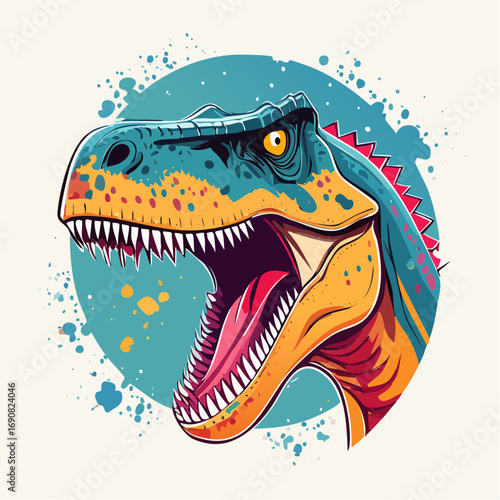 Colorful roaring T-Rex head illustration. Pop art style dinosaur portrait with open mouth and sharp teeth