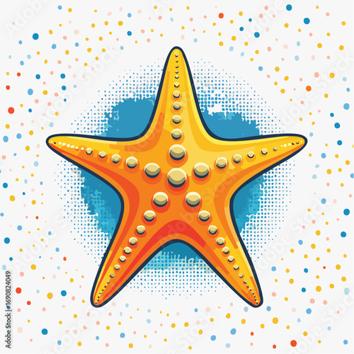 A whimsical illustration of a bright orange starfish, embodying a sense of playful energy with a pop art style halftone texture and colorful confetti dots