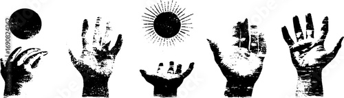 Grunge black and white hand illustrations with sun and sphere elements for artistic designs