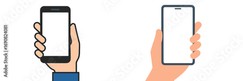 Set of two hands holding modern smartphones with blank white screens for mockup or app presentation isolated on white