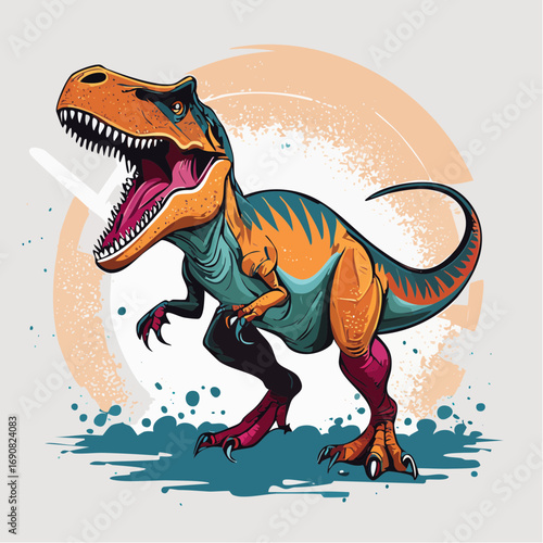 Fierce Tyrannosaurus Rex in a vibrant, stylized graphic design, showcasing prehistoric power as a creative artistic concept