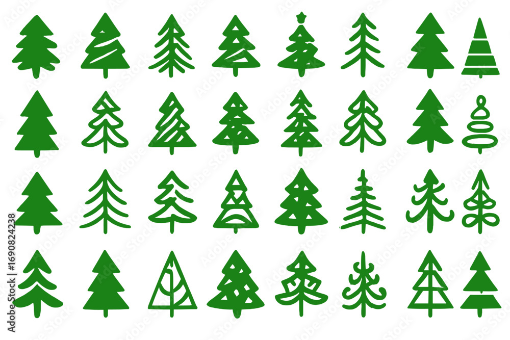 Obraz premium Set of green Christmas tree icons in a hand-drawn doodle style. Simple fir and pine tree silhouettes and outlines for winter holiday design