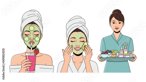 Three women enjoying a spa day with facial treatments and a selection of beauty products presented by a professional aesthetician