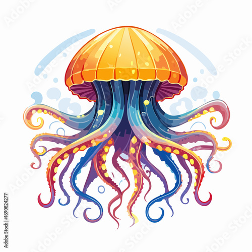 Vibrant cartoon jellyfish illustration with a glowing bell and colorful swirling tentacles. Whimsical sea life design isolated on a white background