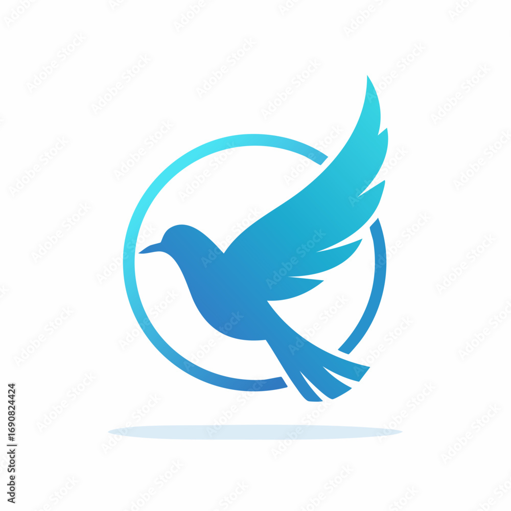 Obraz premium Stylized blue bird silhouette flying within a circle. Vector graphic icon representing peace, freedom, and spirituality. Modern abstract logo concept