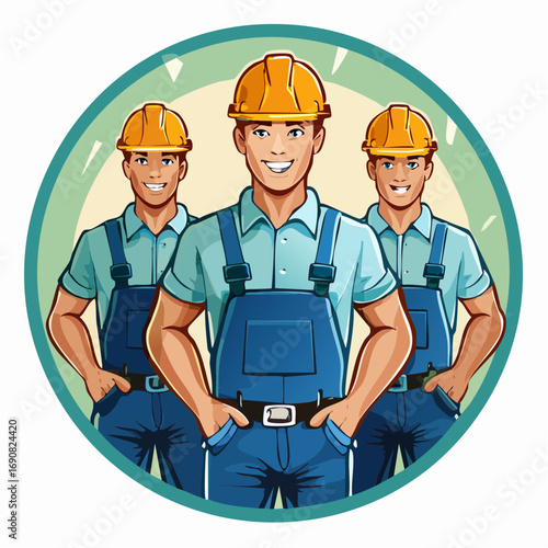 Illustration of a friendly and confident team of builders or handymen ready for work, symbolizing teamwork and professional service